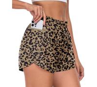 PrinStory Women 2 in 1 Running Shorts Side Split High Waist Drawstring Gym Shorts with Phone Pocket Cycling Sport (Ld Light Brown, M)