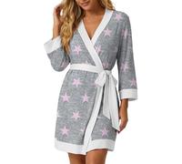 PrinStory Women Dressing Gown Lightweight Short Bathrobe V-Neck 3/4 Sleeve Kimono Robes Loungewear With Pockets (Pink Star, XXL)