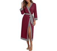 PrinStory Women Dressing Gowns 3/4 Sleeve Kimono Robes Casual V-Neck Bathrobe With Waistband For All Seasons (Wine Red, S)