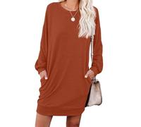PrinStory Women Jumper Dress Long Sleeve Casual Loose Mini Winter Dresses Knitted Pullover Tunic Tops with Pockets UK Size 14-16 (Caramel, L)