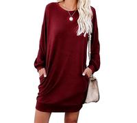PrinStory Women Jumper Dress Long Sleeve Winter Dresses Casual Loose Mini Dresses Knitted Pullover Sweater Tunic Tops Basic Dress With Side Pockets UK Size 22-24 (Wine Red, XXL)