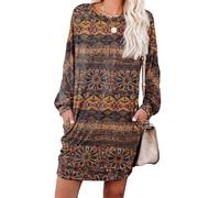 PrinStory Women Jumper Dress Long Sleeve Winter Dresses Casual Loose Mini Dresses Knitted Pullover Sweater Tunic Tops Basic Dress With Side Pockets UK Size 14-16 (Round Flower Brown, L)