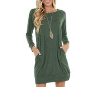 PrinStory Women Jumper Dress Long Sleeve Winter Dresses Casual Loose Mini Dresses Knitted Pullover Sweater Tunic Tops Basic Dress with Side Pockets UK Size 18-20 (VG Green, XL)