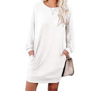 PrinStory Women Jumper Dress Long Sleeve Winter Dresses Casual Loose Mini Dresses Knitted Pullover Sweater Tunic Tops Basic Dress With Side Pockets UK Size 18-20 (White, XL)