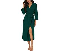 PrinStory Women Kimono Robes Long Knit Bathrobe Soft Womens Dressing Gowns V-Neck Sleepwear Casual Ladies Loungewear (Dark Green, L)