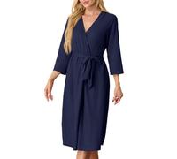 PrinStory Women Long Dressing Gowns Waffle Knit Kimono Robes Soft Womens Bathrobe Casual Ladies Loungewear (Navy Blue, L)