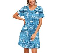PrinStory Women Nighties Short Sleeve Above Knee Soft Cotton Nightdress Ladies Loose Cute Floral Print Summer Loungwear Sleepwear (Good Night Blue, L)