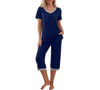 PrinStory Women Pyjamas Set Pjs For Women Sets Short Sleeve Shirt And Capri Pants Loungewear Ladies Sleepwear Nightwear With Pockets (Navy Blue, L)