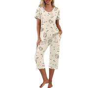 PrinStory Women Pyjamas Set Pjs For Women Sets Short Sleeve Shirt And Capri Pants Loungewear Ladies Sleepwear Nightwear With Pockets (Cute Cat Park, S)