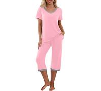 PrinStory Women Pyjamas Set Pjs For Women Sets Short Sleeve Shirt And Capri Pants Loungewear Ladies Sleepwear Nightwear With Pockets (Pink, XXL)