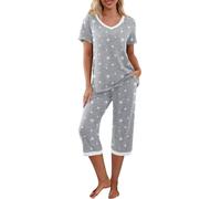 PrinStory Women Pyjamas Set Pjs For Women Sets Short Sleeve Shirt And Capri Pants Loungewear Ladies Sleepwear Nightwear With Pockets (White Star Gray, M)