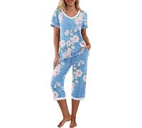 PrinStory Women Pyjamas Set Pjs For Women Sets Short Sleeve Shirt And Capri Pants Loungewear Sets Ladies Sleepwear Nightwear With Pocketsfloral Print (Floral Light Blue, L)