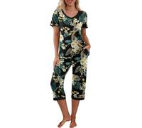 PrinStory Women Pyjamas Set Pjs For Women Sets Short Sleeve Shirt And Capri Pants Loungewear Sets Ladies Sleepwear Nightwear With Pocketsfloral Print (Green Leaf Lily, XL)