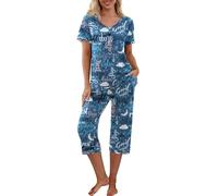 PrinStory Women Pyjamas Set Pjs For Women Sets Short Sleeve Shirt And Capri Pants Loungewear Sets Ladies Sleepwear Nightwear With Pocketsfloral Print (Good Night Blue, XXL)