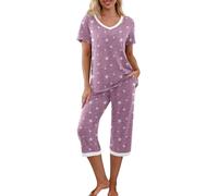 PrinStory Women Pyjamas Set Pjs For Women Sets Short Sleeve Shirt And Capri Pants Loungewear Sets Ladies Sleepwear Nightwear With Pocketsfloral Print (White Star Purple, L)