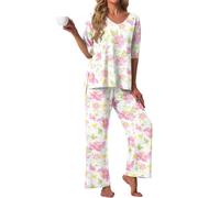 PrinStory Women Pyjamas Set V-Neck Soft Short Sleeve Sleepwear Womens Nightwear Pj Set Wide Leg Trousers with Pockets White Morning Glory XL