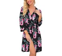 PrinStory Women Robes Lightweight Dressing Gowns Soft Kimono Robes Short Sleepwear Casual Knit Bathrobe Ladies Loungewear Homewear (Floral Print Black, XXL)