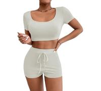 PrinStory Women Tracksuit Casual Women 2 Piece Lounge Sets With Short Sleeve Square Neck Top And Solid Color Short With Waist Tie (Off-White, M)