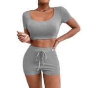 PrinStory Women Tracksuit Casual Women 2 Piece Lounge Sets With Short Sleeve Square Neck Top And Solid Color Short With Waist Tie (Gray, S)
