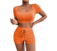 PrinStory Women Tracksuit Casual Women 2 Piece Lounge Sets With Short Sleeve Square Neck Top And Solid Color Short With Waist Tie (Orange, L)