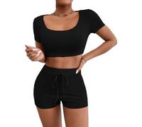 PrinStory Women Tracksuit Casual Women 2 Piece Lounge Sets With Short Sleeve Square Neck Top And Solid Color Short With Waist Tie (Black, M)