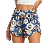 PrinStory Women's 2 In 1 Running Shorts Soft Liner Quick Dry Athletic Gym Workout Shorts With Zipper Pockets (Blue Circle Flower, L)