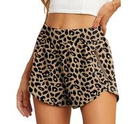 PrinStory Women's 2 In 1 Running Shorts Soft Liner Quick Dry Athletic Gym Workout Shorts With Zipper Pockets (Leopard Dark Khaki, XXL)