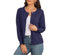 PrinStory Women'S Button Down Crewneck Cardigan Knit Lightweight Long Sleeve Side Split Designer Jumper Cardigans Casual Outwear Tops For Dress Summer Evening Wedding (Navy Blue, Large)