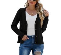 PrinStory Womens Cardigan Long Sleeve Jumpers Cardigans Button Down V Neck Ribbed Knit Outerwear Open Front Tops for Ladies (Black, M)