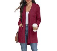 PrinStory Womens Cardigan Long Sleeve Open Front Cardigans Loose Casual Knitwear Ribbed Knit Outerwear with Pocket (Wine Red, M)