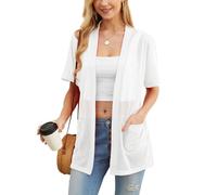 PrinStory Women's Cardigan Short Sleeve Open Front Cardigans V Neck Lightweight Outwear Loose Fit Tops With Pockets UK 18-20 (White, XL)