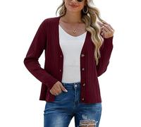 PrinStory Womens Cardigans Jumpers with Buttons Ladies Knit Long Sleeve Knitwear Sweater Cardigan for Autumn Winter Spring (Wine Red, XXL)