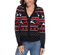PrinStory Womens Christmas Cardigan V Neck Long Sleeve Jumpers Cardigans Ladies Button Down Knitwear Sweater (Christmas Black Red White Elk, L)