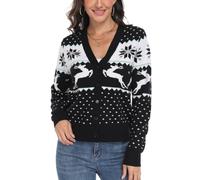 PrinStory Womens Christmas Cardigan V Neck Long Sleeve Jumpers Cardigans Ladies Button Down Knitwear Sweater (Christmas Black Snowflake Elk, L)