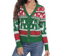 PrinStory Womens Christmas Cardigan V Neck Long Sleeve Jumpers Cardigans Ladies Button Down Knitwear Sweater (Christmas Green Elk Snowflake, L)