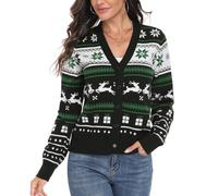 PrinStory Womens Christmas Cardigan V Neck Long Sleeve Jumpers Cardigans Ladies Button Down Knitwear Sweater (Christmas Black Green Snowflake, L)
