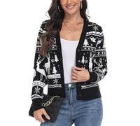 PrinStory Womens Christmas Cardigan V Neck Long Sleeve Jumpers Cardigans Ladies Button Down Knitwear Sweater (Christmas Black White Elk, L)