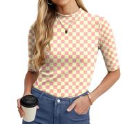 PrinStory Womens Cotton Tshirt Basic Mock Turtleneck Tee Short Half Sleeve T-Shirts for Summer Slim Fit Crop Tops Y2K Streetwear (White Pink Plaid, M)