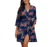 PrinStory Womens Dressing Gowns Lightweight Waffle Nightwear For Women V Neck Short Kimono Robes Ladies Bathrobe Soft Sleepwear With Pockets (Floral Print Robes Rose Navy Blue, L)