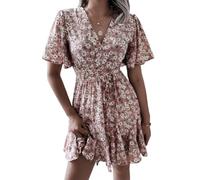 PrinStory Women'S Floral Print A-Line Mini Dress Short Sleeves Dress For Summer And Spring (Pink, L)