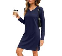 PrinStory Womens Jumper Dress Winter Long Sleeve V Neck Sweater Dress with Side Pocket Casual Regular Fit Pullover Mididress Warm (Navy Blue, XL)