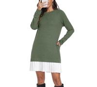 PrinStory Women's Jumper Dresses Crew Neck Long Sleeve Top with Pleated Skirt Winter Ladies Mini Dress with Pockets UK 22-24 (Green, XXL)