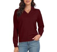 PrinStory Womens Jumper Lapel Neck Sweatshirts for Women UK Long Sleeve Ladies V Neck Jumpers Causal Warm Knit Winter Autumn Sweaters Soild Color Pullover (Wine Red, M)