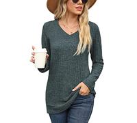 PrinStory Womens Jumpers Autumn Warm T Shirts Ladies V Neck Tops Long Sleeve Solid Color Sweatshirt UK Size 22-24 (Green, XXL)