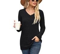 PrinStory Womens Jumpers Autumn Warm T Shirts Ladies V Neck Tops Long Sleeve Solid Color Sweatshirt UK Size 18-20 (Black, XL)