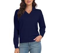 PrinStory Womens Jumpers V Neck Lapel Jumper Women's Long Sleeve Tops Solid Color Pullover Warm Soft Knit Sweater (Navy Blue, S)