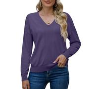 PrinStory Women'S Jumpers V Neck Long Sleeve Tops Casual Ladies Sweatshirt Classic Plain Pullover Knit Jumper For Winter Autumn Spring (Purple, L)