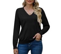 PrinStory Women's Jumpers V Neck Sweatshirt Ladies Casual Classic Plain Pullover Knit Long Sleeve Jumper Knitwear For Winter Fall Spring (Black, XXL)