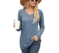 PrinStory Womens Long Sleeve Tops Casual Soft Blouses Ladies V Neck Jumpers Solid Color Sweatshirts Basic Pullover UK Size 22-24 (Light Blue, XXL)