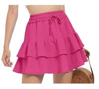 PrinStory Women's Mini Skirt High Waisted Ruffle Skirt Flared Short Skorts A-Line Cupcake Skorts With Drawstring (Rose Red, S)